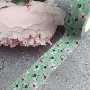 Small Pink and White Anemones on Aquamarine, Washi Tape, 1 Roll